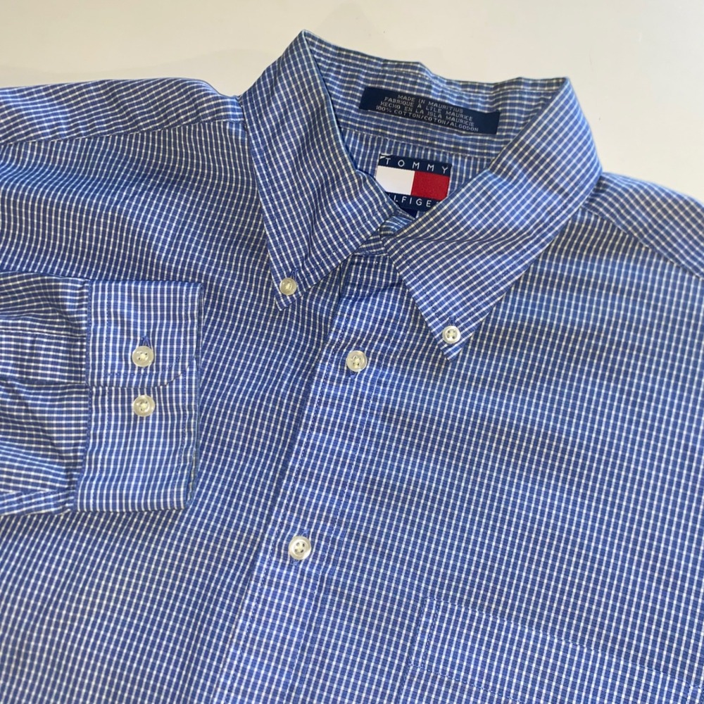 Tommy Hilfiger Mens Blue White Gingham Button Down Cotton Shirt Large Crest Logo